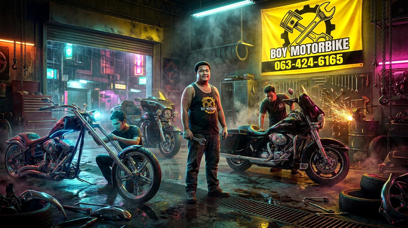 Boy Motorbike night garage: choppers and baggers under neon, Chalong cyberpunk style